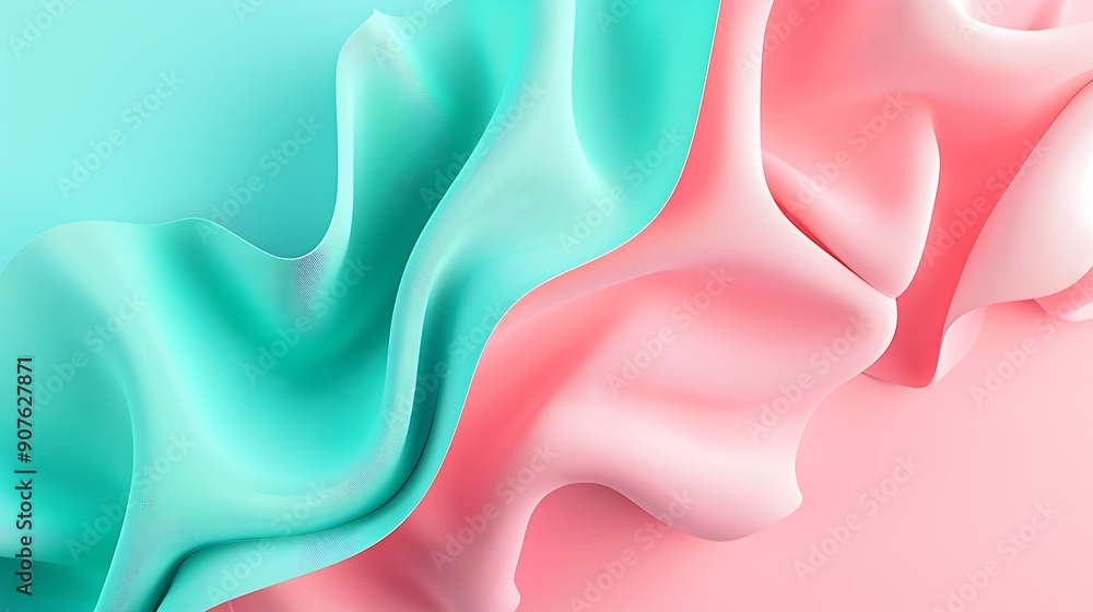 Poster wavy 3d pink sheets on a bright mint background summer abstract template : generative ai