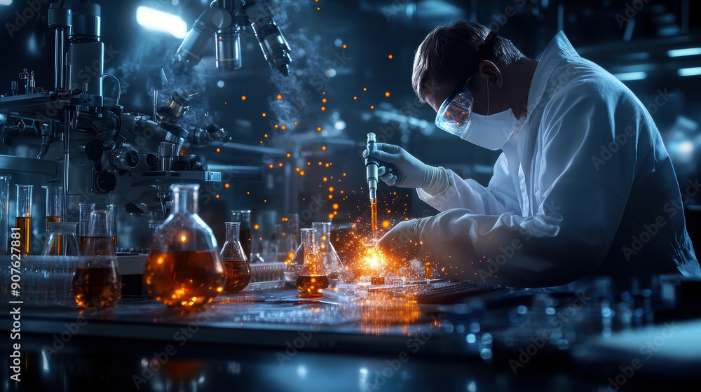 Poster a scientist is working in a lab with a lot of glassware and chemicals. the lab is dimly lit and the 