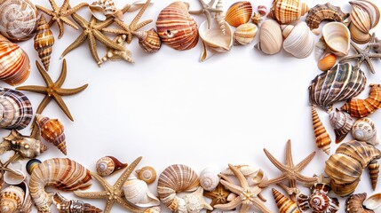 Obraz premium Sea shell and snail and mollusc wooden frame isolated on white background