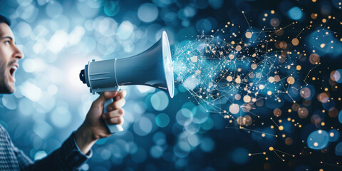 A man holding a megaphone emits a digital network of particles and connections, representing digital communication and information spread.
