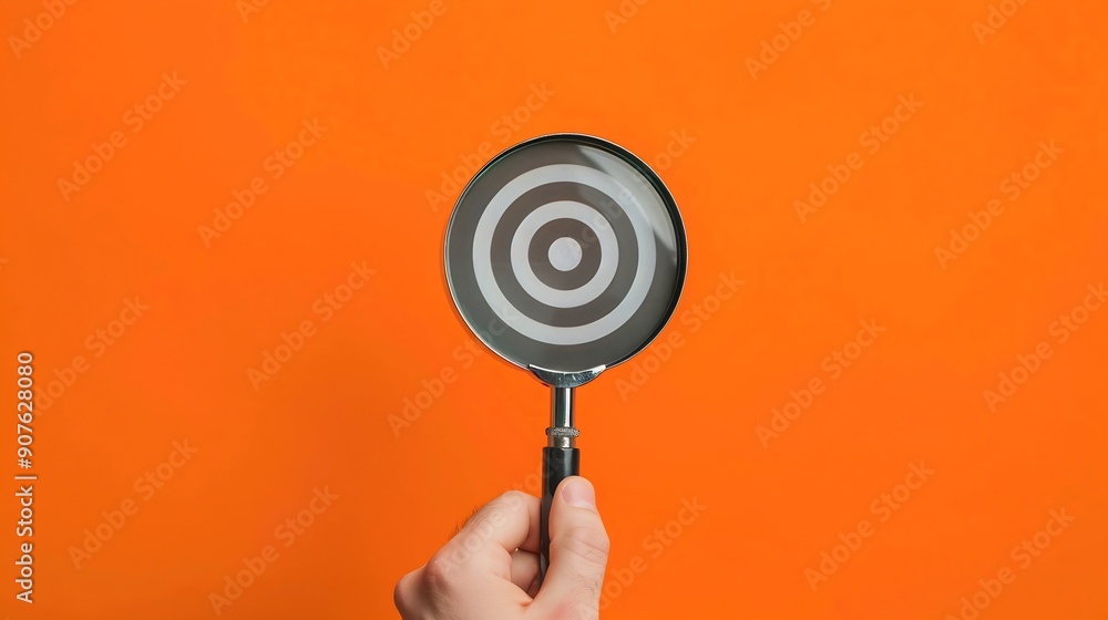 Aufkleber hand holding target board inside vintage magnifying glass for focus business objective on orange bac