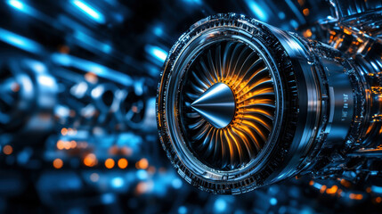 A jet engine with a yellow tip is shown in a blue background