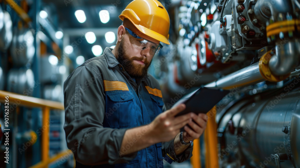 Poster an engineer in a hard hat inspects industrial machinery using a tablet, ensuring proper function and