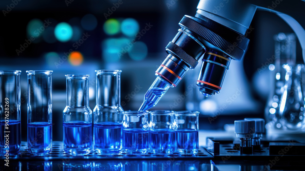 Aufkleber a scientist is using a microscope to examine a sample of liquid. the liquid is blue and is in severa