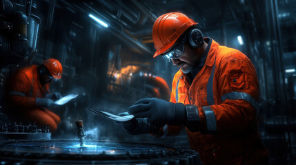 A man in an orange jumpsuit is looking at a piece of paper. He is wearing a hard hat and safety glasses. The scene is set in a dark, industrial environment