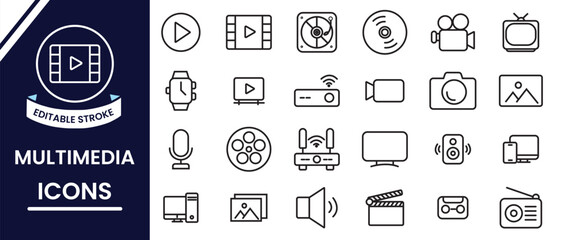 Multimedia icons set. Multimedia Line Editable Icons, vector set. Set of electronics device icons. Set of modern digital technology icons. Technology editable line icon for website, app, logo. 