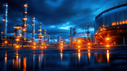 Fototapeta premium A large industrial area with many large tanks and a large building. The sky is cloudy and the lights are on