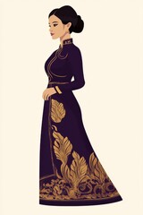 Minimalism illustration, a Laotian woman, wearing a traditional sinh in rich purple with gold patterns, traditional fashion, flat illustration on soft cream background