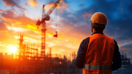 A construction worker wearing an orange vest stands in front of a large crane. The sky is orange and the sun is setting