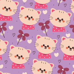 Naklejka premium seamless pattern cartoon cat and flower. cute animal wallpaper for fabric print, gift wrap paper