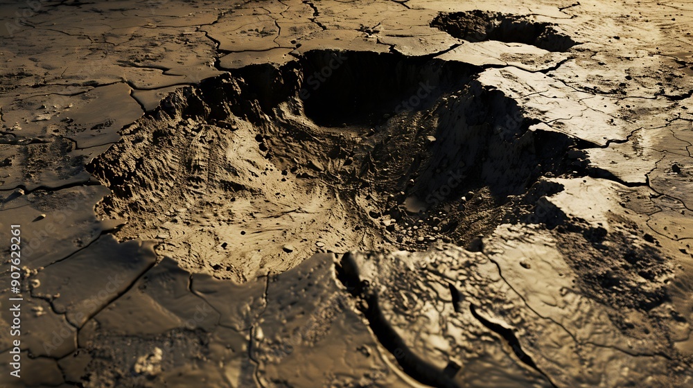 Aufkleber Appearance of the ground surface with abstract patterns and shapes Soil around the crater For background : Generative AI