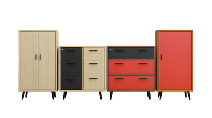 A set of different colors, a three drawer storage cabinet with legs isolated on a transparent background cutout