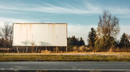 Obraz premium A large blank billboard on the side of a highway The billboard is white It is located in a rural area with trees and grass in the background The sun is shining and the sky is blue clip : Generative AI
