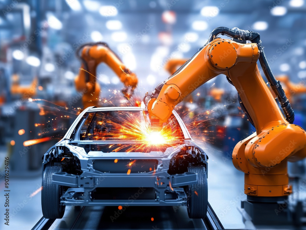 Poster a robot is working on a car, and the car is surrounded by sparks. concept of industry and technology