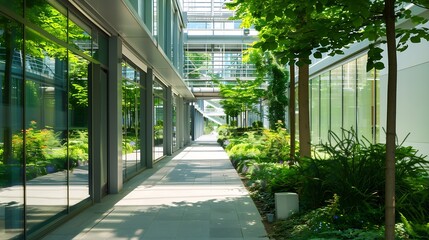 Modern Office Complex with Lush Pathway and Skywalk : Generative AI
