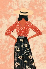 Minimalism illustration, a Latina woman, wearing a boho blouse with a long skirt and a sunhat, standing with her hands on her hips, boho woman fashion, patterned, flat illustration on light coral 