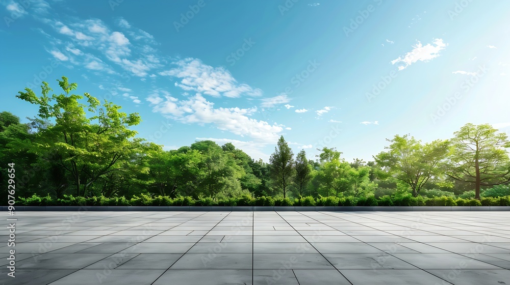 Poster empty square floor and green forest under blue sky : generative ai
