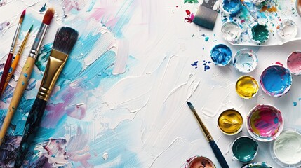 Art supplies on white surface Overhead view with space for text