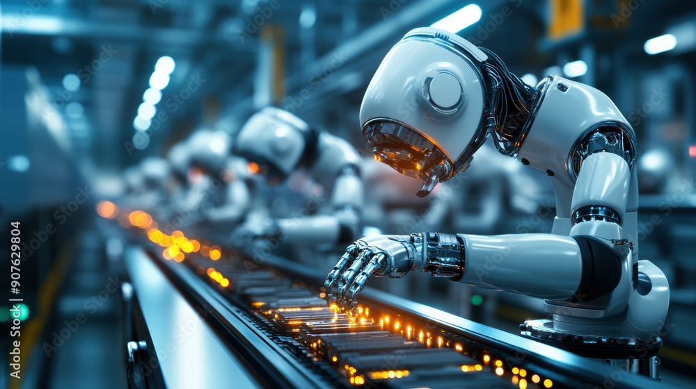 Poster a robot is working on a conveyor belt with other robots. the robots are all white and have orange li