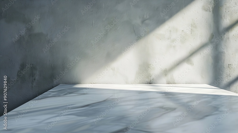 Poster marble table with white stucco wall texture background with light beam and shadow suitable for produ