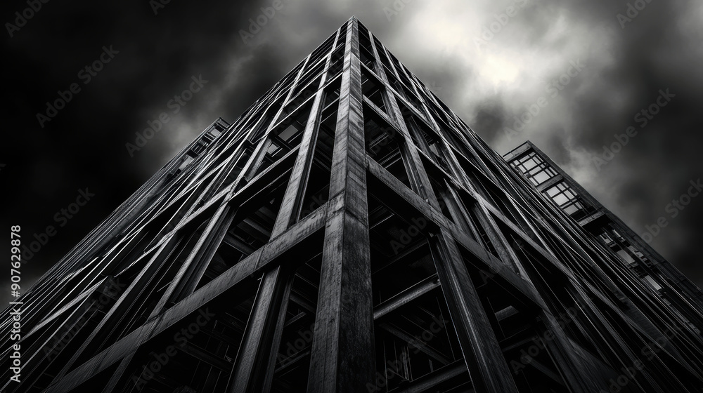 Poster a tall building with a dark sky in the background. the building is made of concrete and has a lot of