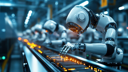 Obraz premium A robot is working on a conveyor belt with other robots. The robots are all white and have orange lights on their hands. The conveyor belt is filled with electronic components. The scene is futuristic