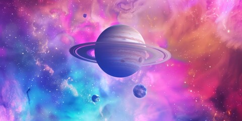 Majestic Saturn and Distant Planets in a Vibrant Nebula – A Colorful Cosmic Scene of Interstellar Wonder.