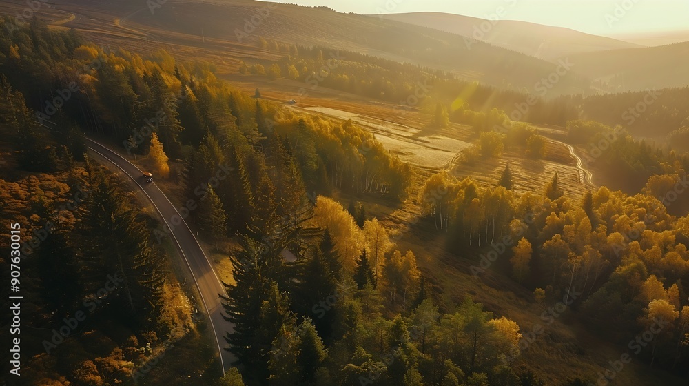 Poster aerial view of mountain road in forest at sunset in autumn top view from drone of road in woods beau