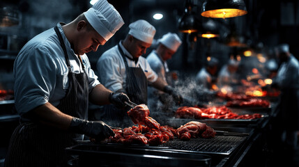Fototapeta premium A man is cooking meat on a grill in a restaurant kitchen. The other chefs are also working on their dishes. The atmosphere is busy and focused, with everyone working together to prepare the food