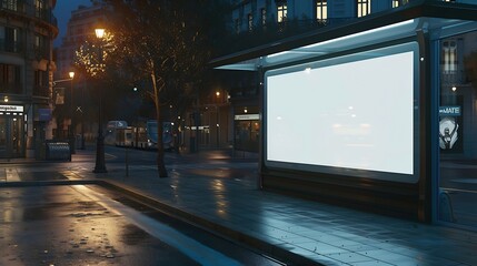 Obraz premium Concept of digital marketing in the city Advertising billboard with white empty canvas on bus shelters with protective glass Citylight on public transport stop : Generative AI