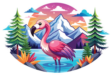 Flamingo in Mountainous Lake Scene