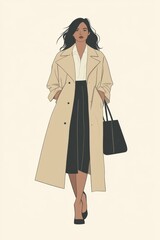 Minimalism illustration, a Latina woman, wearing a classic trench coat with a fitted blouse and pencil skirt, holding a structured leather bag, classic fashion, boho, flat illustration on soft cream 