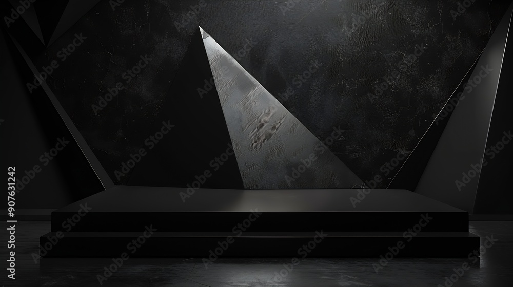 Poster Modern dark black stage mockup with abstract geometric pattern of corners edges and triangles as relief for presentation cosmetic products goods advertising design in simple urban grap : Generative AI
