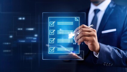 Quality Assurance and Document Control with Checklist Icons. Businessman mark off items on digital checklist, representing quality assurance and document control processes, verification and compliance