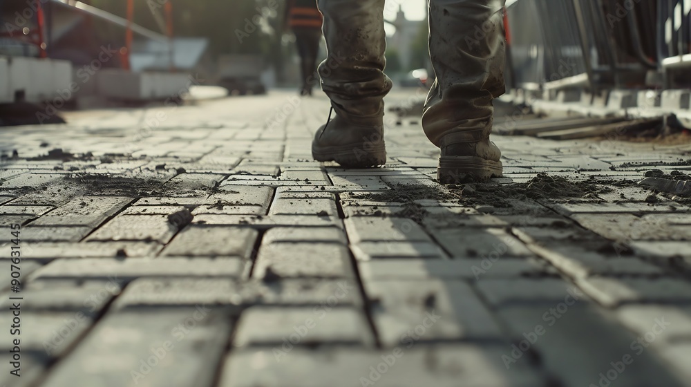 Poster process of building sidewalk worker laying interlocking walking path industrial concept : generative