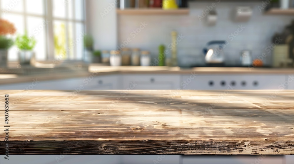 Fototapete Wood table top on blurred kitchen background can be used mock up for montage products display or design layout : Generative AI