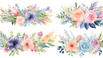 set of watercolor pastel flower decoration on wedding table with flowers 