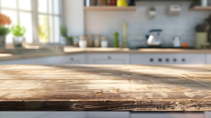 Wood table top on blurred kitchen background can be used mock up for montage products display or design layout : Generative AI