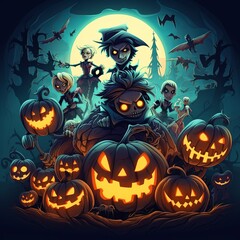 This is a great illustration for a Halloween party invitation or a website header for a Halloween-themed business. The characters are all very expressive and the colors are bright and festive.