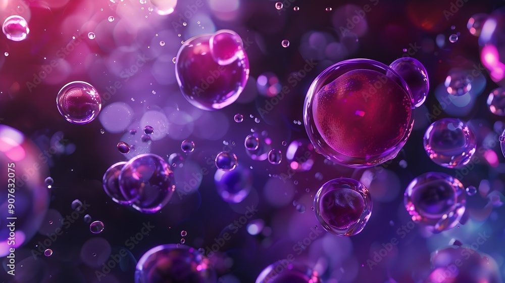 Fototapete Closeup of abstract background with round shaped cells of vaccine of different sizes illuminated by colorful light : Generative AI