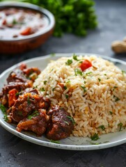 Fototapeta premium Zimbabwean peanut butter rice, a traditional dish cooked with peanut butter and served with a hearty meat stew, presented on a plate.