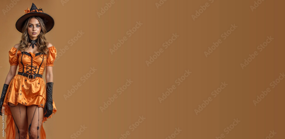 Poster woman in halloween costume at color background with empty space for text and design