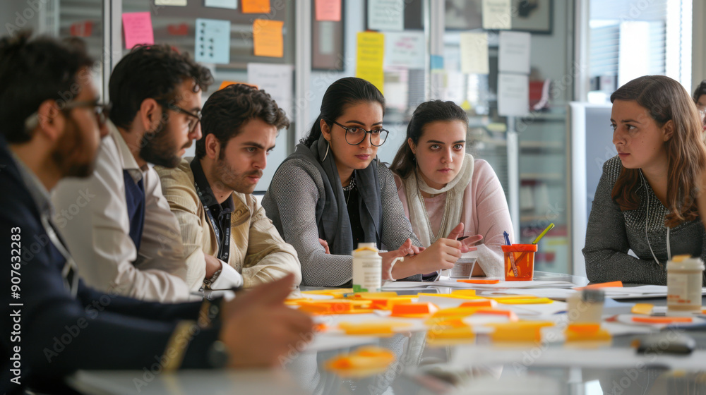 Aufkleber group of professionals deeply engaged in an intense brainstorming session around a table with sticky