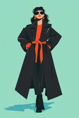 Minimalism illustration, a Latina woman, wearing a high-fashion coat with dramatic asymmetric cuts and oversized sleeves, captured in a forward-leaning pose, avant-garde fashion, boho