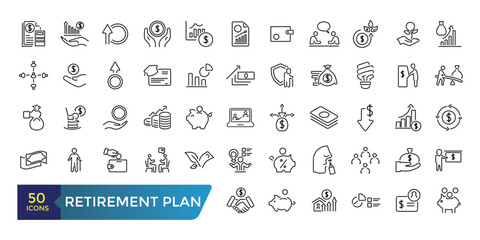 Retirement plan line icons set. Pension payment, money deposit, investment fund balance sheet inheritance. Collection and pack of linear web and ui icons. Editable stroke. Vector illustration.