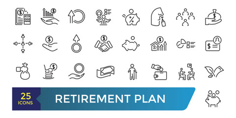 Retirement plan line icons set. Pension payment, money deposit, investment fund balance sheet inheritance. Collection and pack of linear web and ui icons. Editable stroke. Vector illustration.