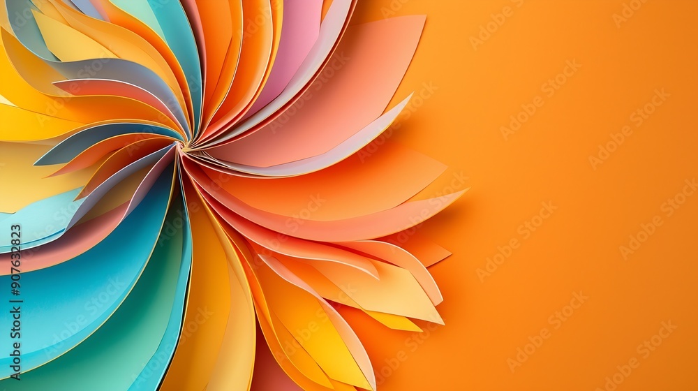 Poster macro image of colorful curved sheets of paper shaped like a flower on orange background : generativ
