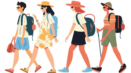 Group travelers backpacks sunglasses walking. Diverse tourists casual summer attire hats outdoors. Vacationers hiking trip animated graphic