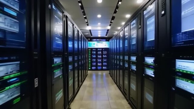 A modern data center showcasing rows of servers with illuminated screens, highlighting the tech driven environment and network management