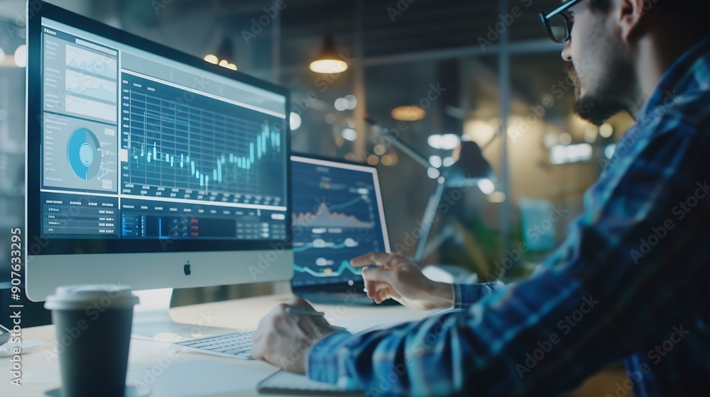 Poster Business people use computers to analyze business and manage corporate data business analytics with charts metrics and KPIs to improve organizational performance financial organization : Generative AI